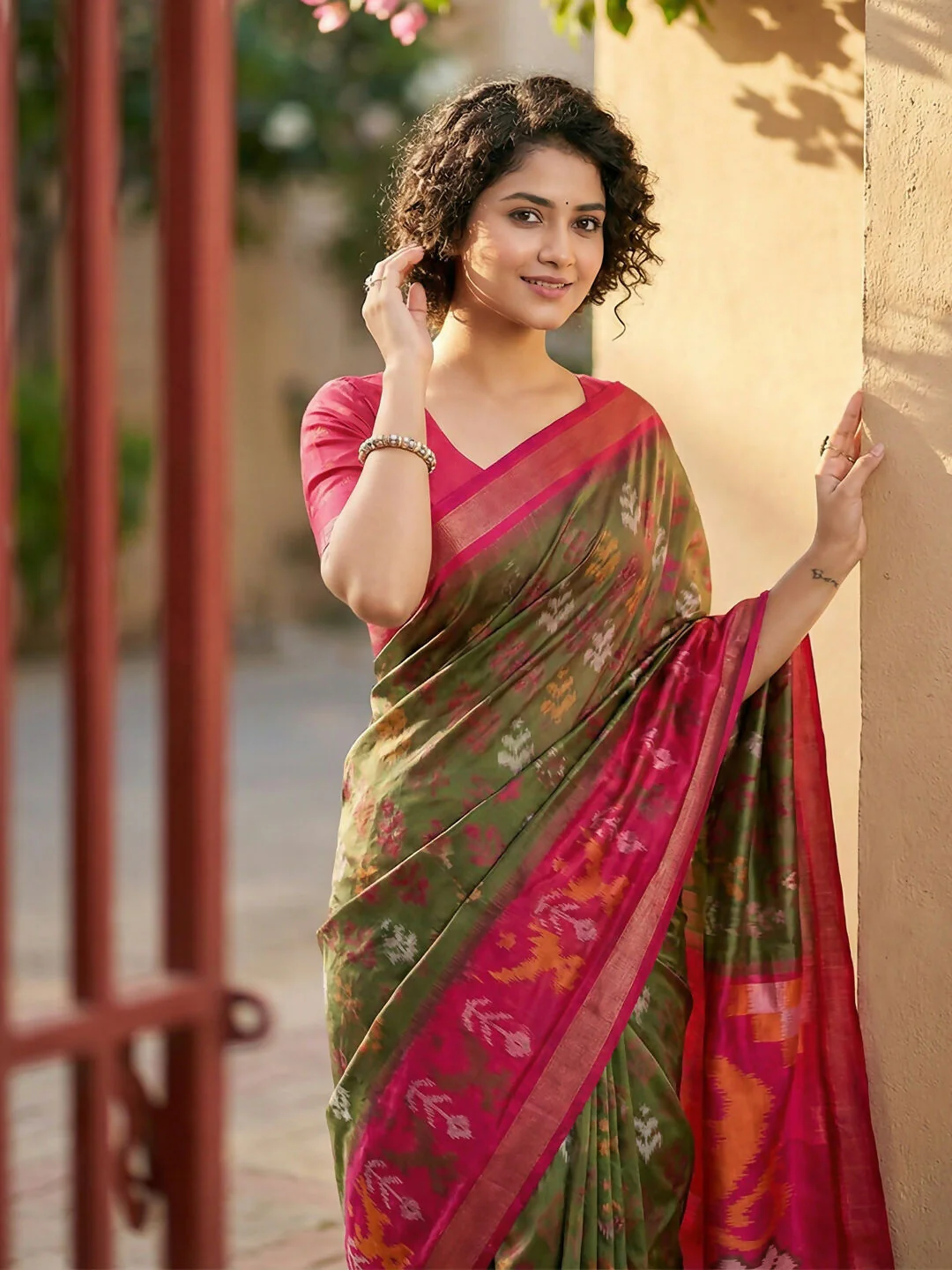 Astita Olive Green Pochampally Silk Saree - Image 3