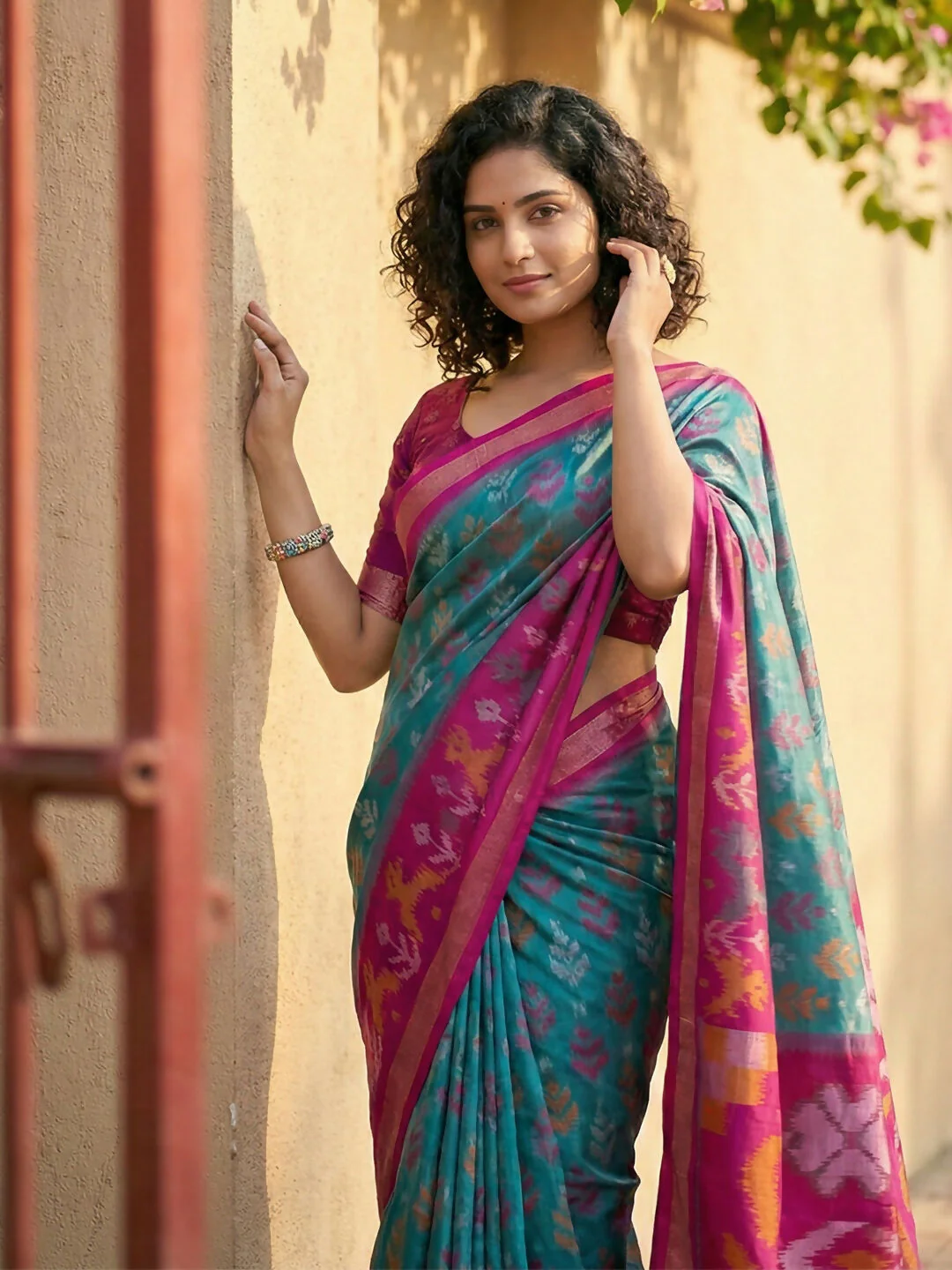 Astita Sky Blue Pochampally Silk Saree - Image 4