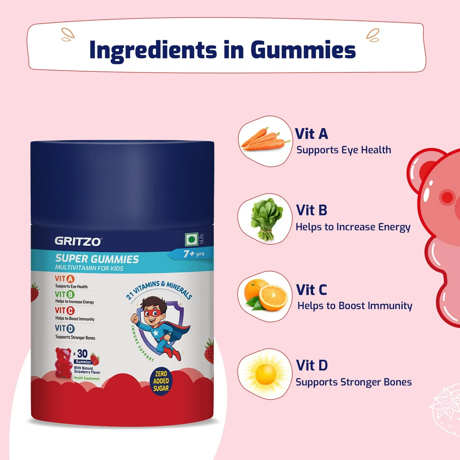 Gritzo Super Gummies Multivitamin (7+y Kids) (Strawberry Flavour) - Image 3