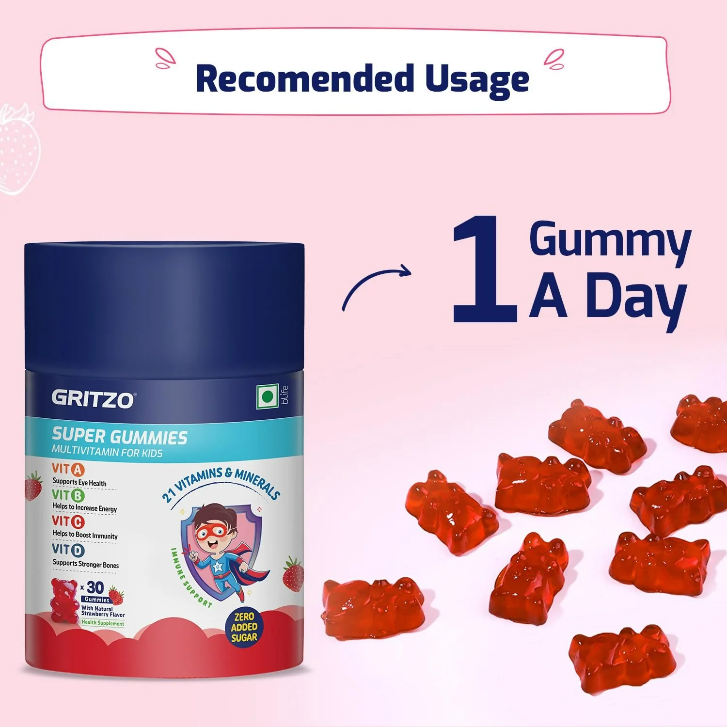 Gritzo SuperMilk Growth+ (Formerly Height+) (2-6y Boy & Girl) (Double Chocolate ) with Super Gummies (Strawberry) - Image 4