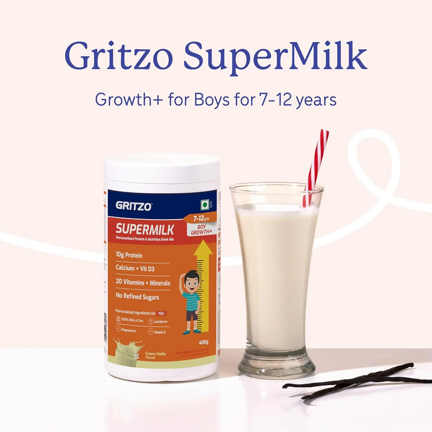 Gritzo SuperMilk Growth+ (Formerly Height+) (7-12y Boys), 10g Protein Powder-Creamy Vanilla - Image 7