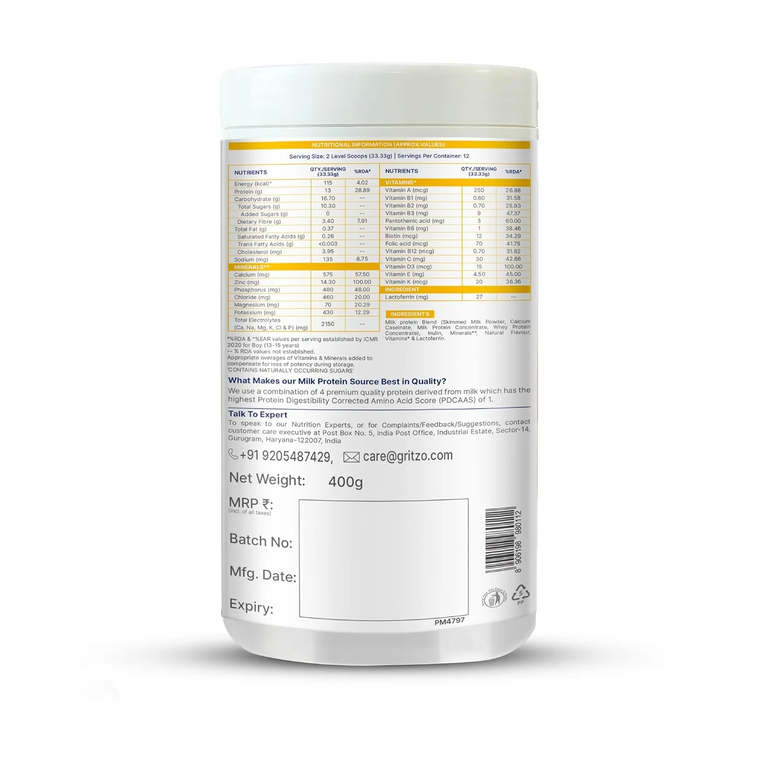 Gritzo SuperMilk Growth+ (Formerly Height+) Unsweetened Drink Mix (13+y Boys), 13g Protein Powder (Creamy Vanilla) - Image 4