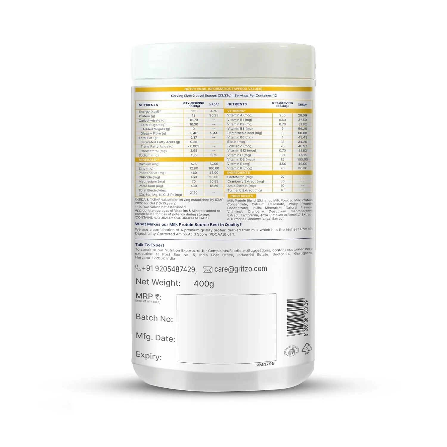 Gritzo SuperMilk Growth+ (Formerly Height+) Unsweetened Drink Mix (13+y Girls), 13g Protein Powder - Creamy Vanilla - Image 5