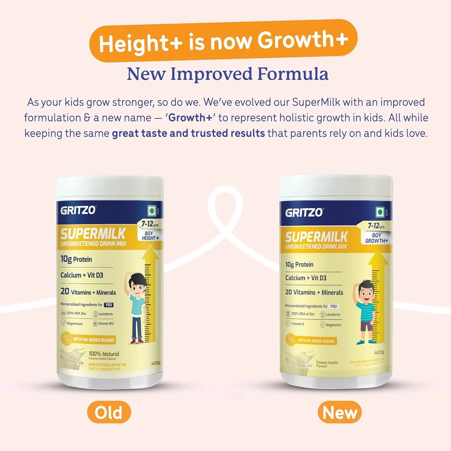 Gritzo SuperMilk Growth+ (Formerly Height+) Unsweetened Drink Mix (7-12y Boys), 10g Protein Powder (Creamy Vanilla) - Image 8