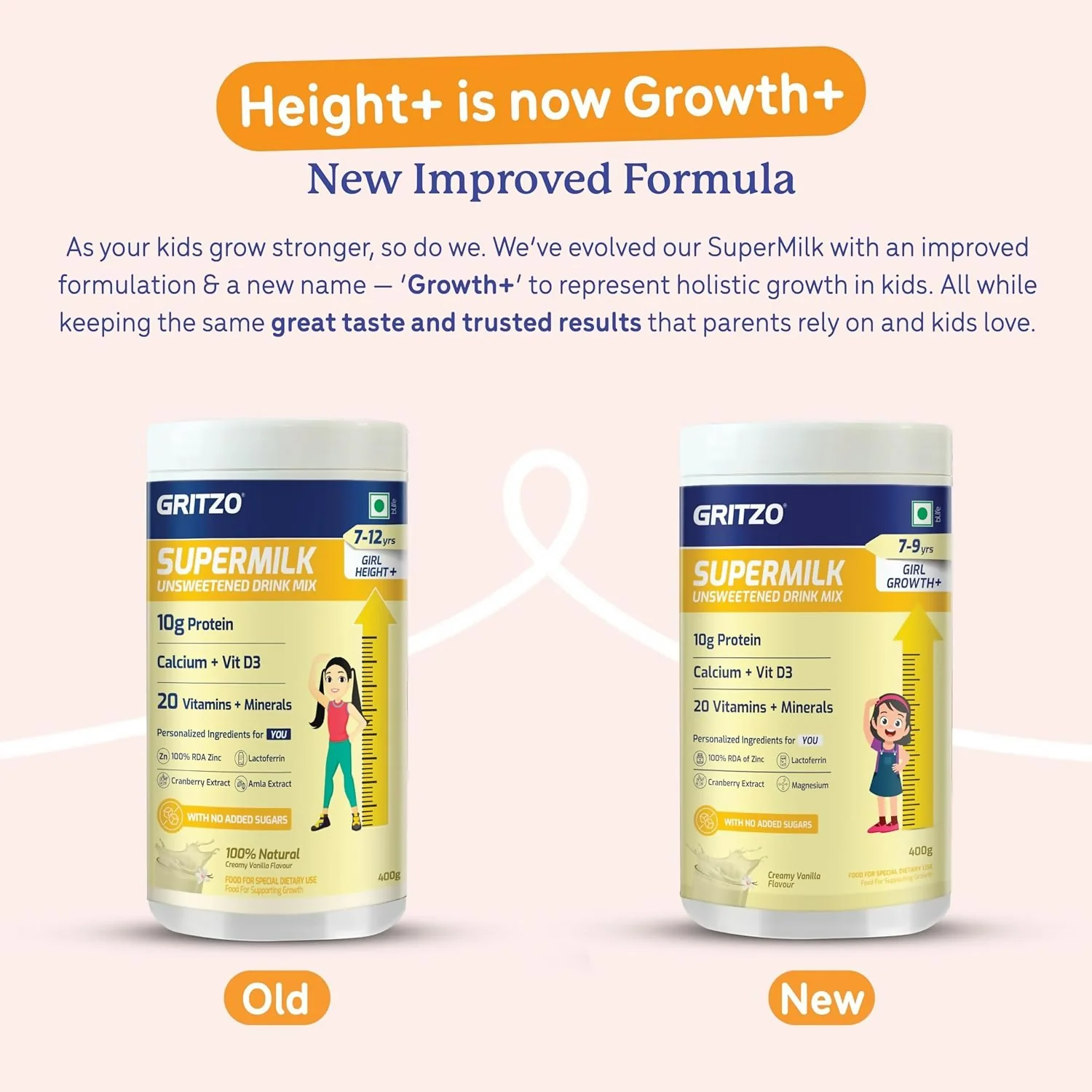 Gritzo SuperMilk Growth+ (Formerly Height+) Unsweetened Drink Mix (7-9y Girls), 10g Protein Powder- Creamy Vanilla - Image 7
