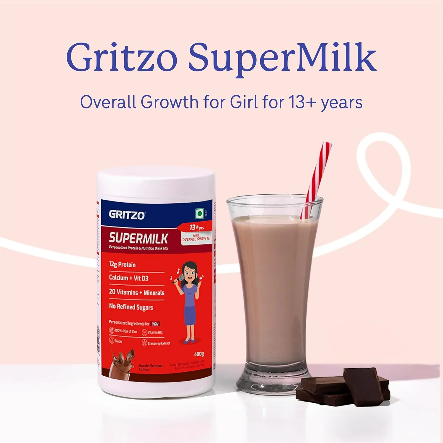 Gritzo SuperMilk Overall Growth (13+y Girls) (Double Chocolate ) with Super Gummies (Natural Orange Flavour) - Image 3