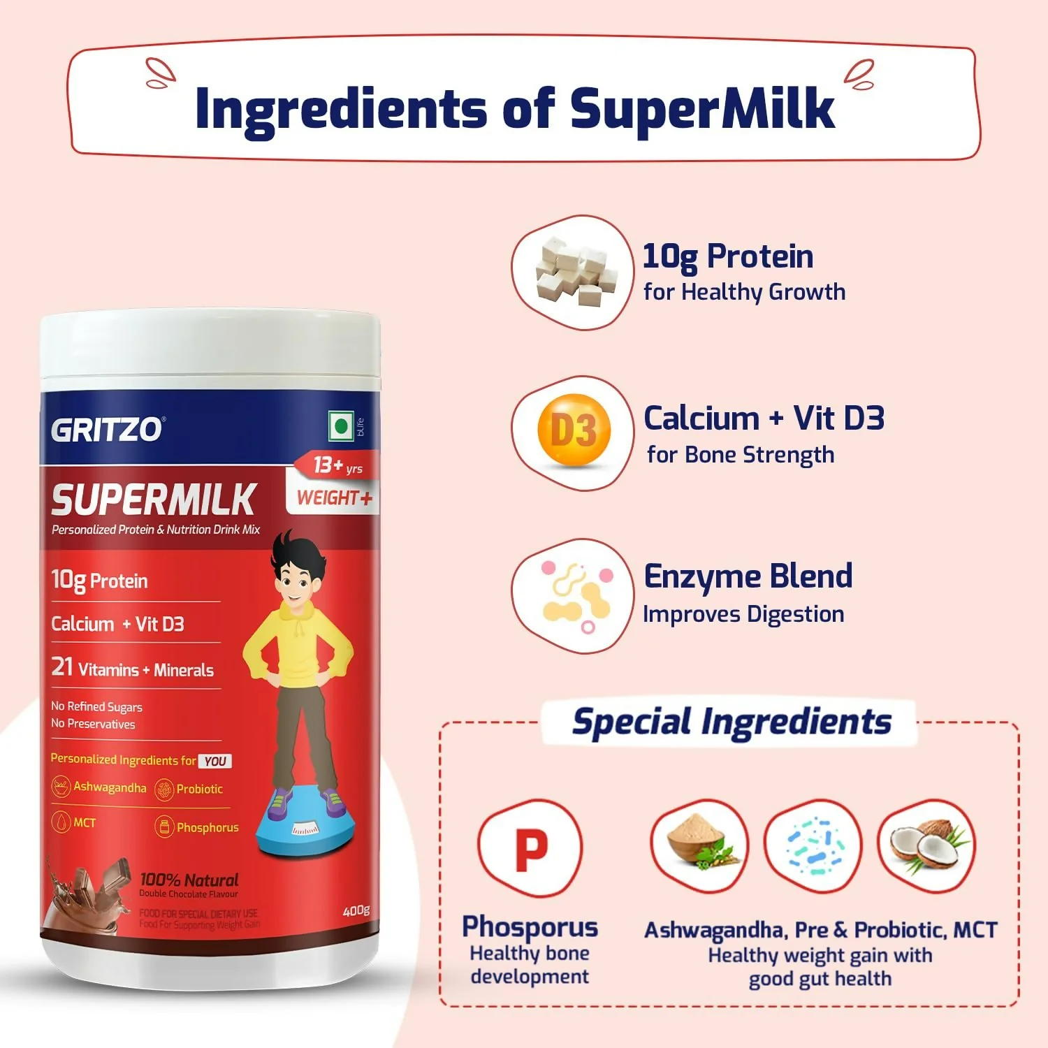 Gritzo SuperMilk Weight+ (13+y Boys), 10g Protein Powder (Double Chocolate) - Image 7