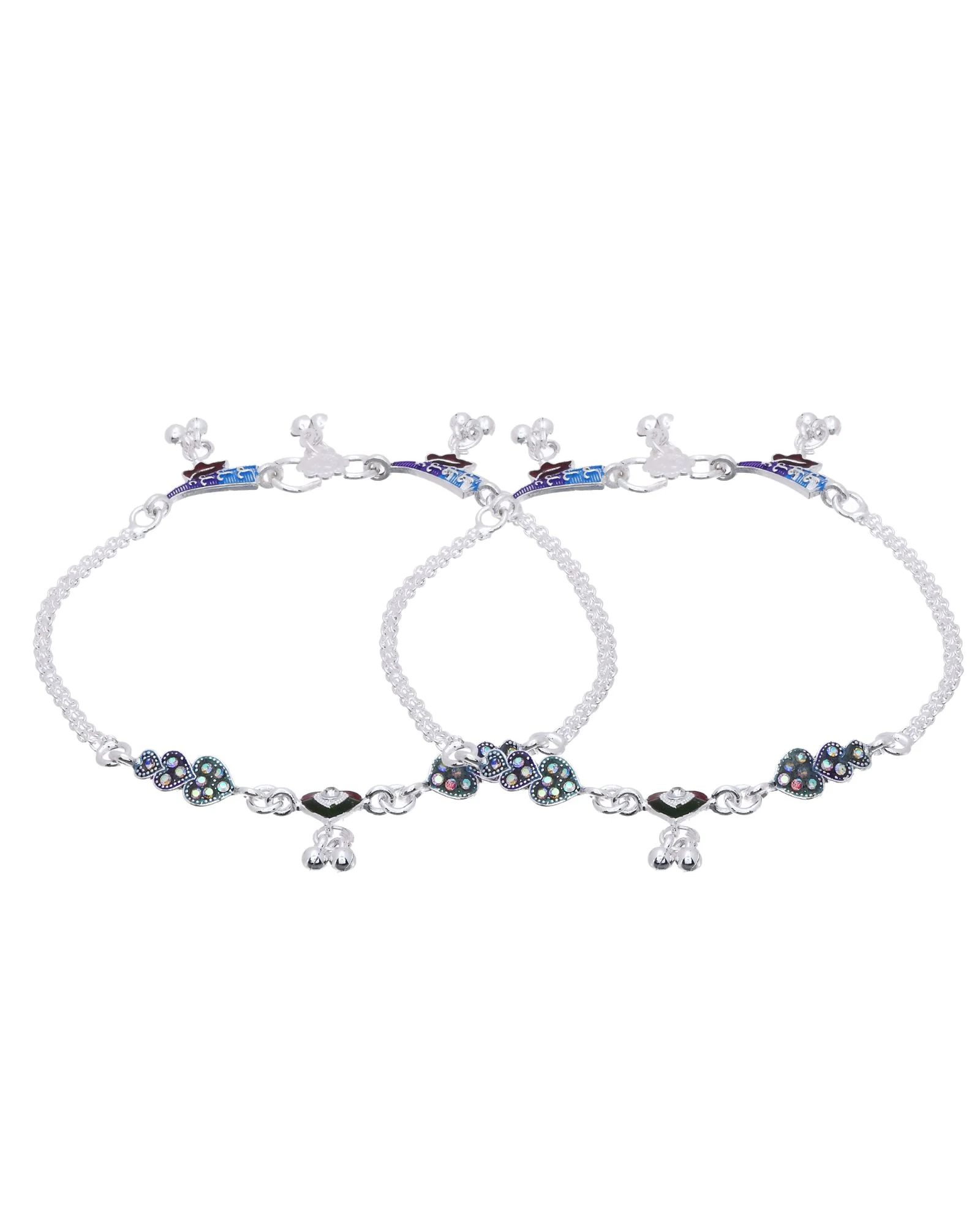 Jewels Nest Eternal Heart Silver Anklet With Multicolour Enamel Motifs And Bell Drop Detail - Image 4