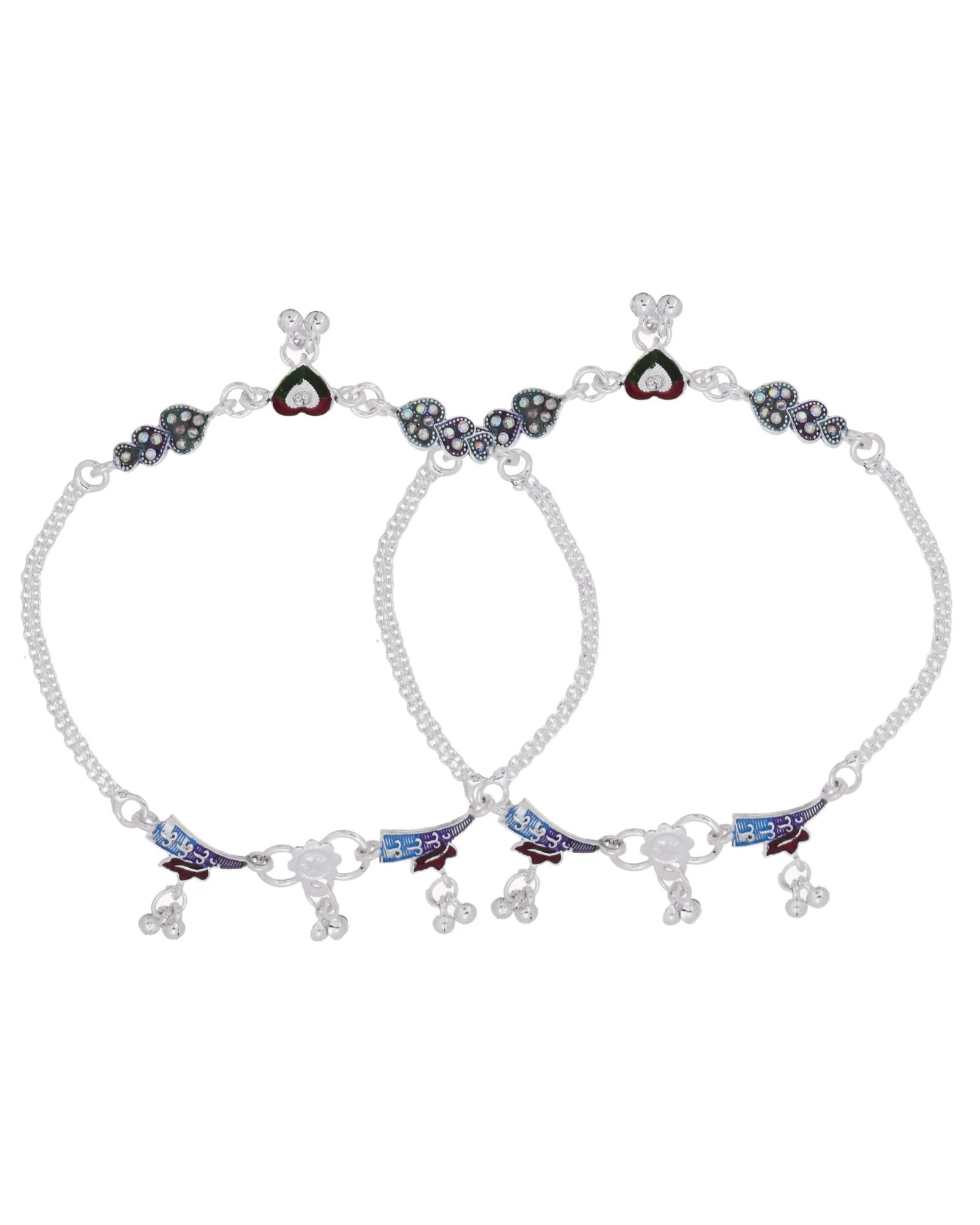 Jewels Nest Eternal Heart Silver Anklet With Multicolour Enamel Motifs And Bell Drop Detail - Image 5