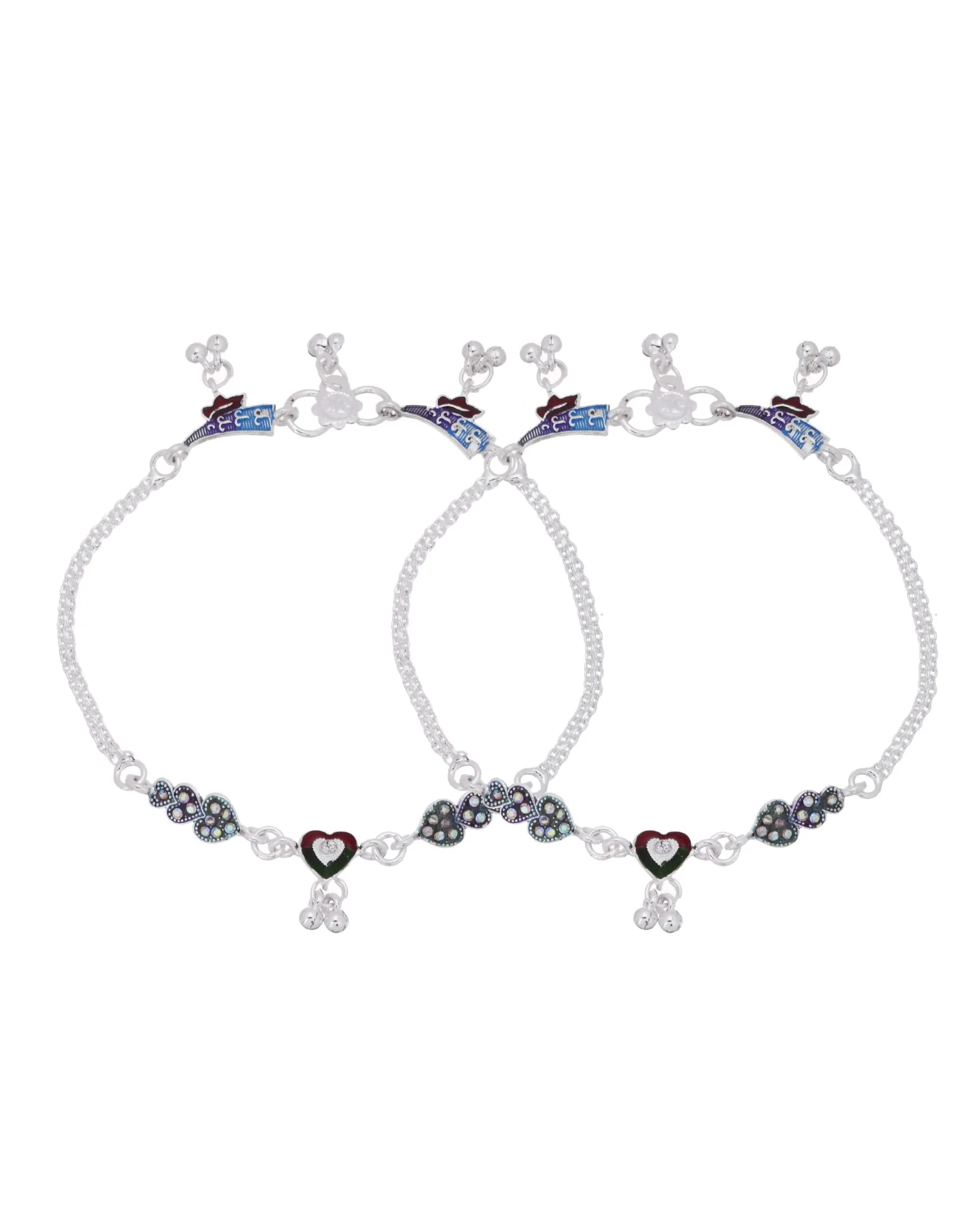 Jewels Nest Eternal Heart Silver Anklet With Multicolour Enamel Motifs And Bell Drop Detail - Image 6
