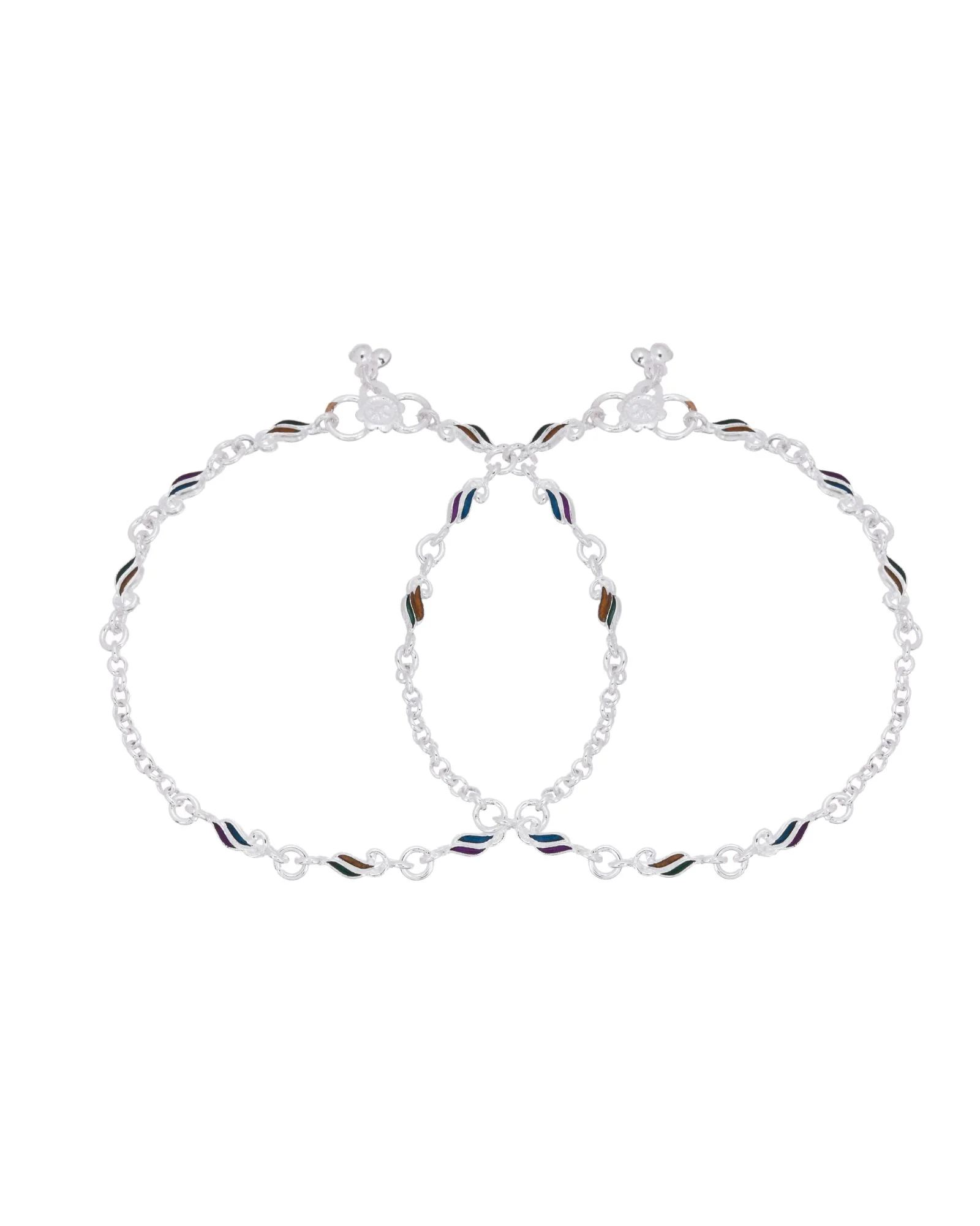 Jewels Nest Rippletone Silver Anklet With Multicolour Enamel Link Detailing And Floral Clasp - Image 4