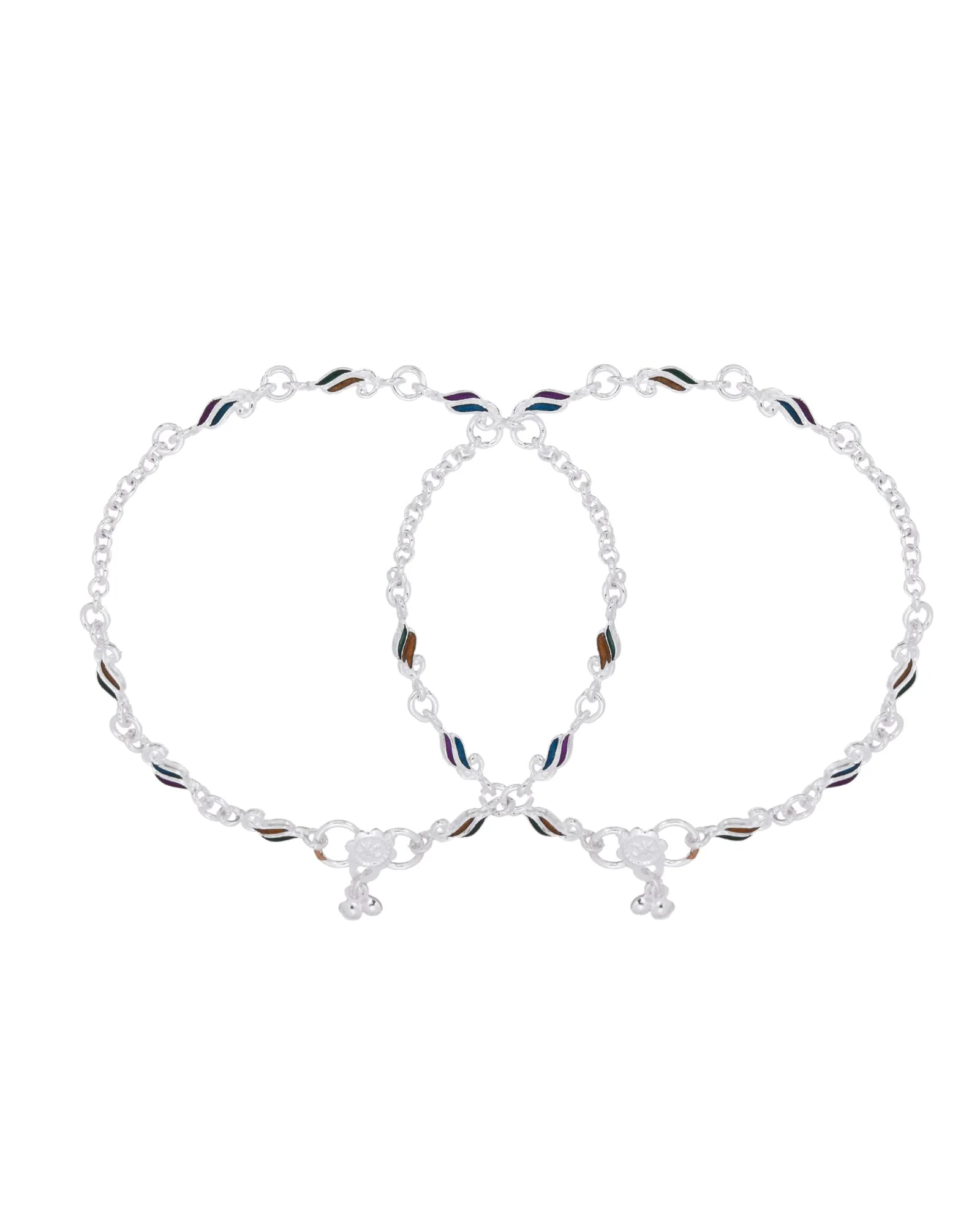 Jewels Nest Rippletone Silver Anklet With Multicolour Enamel Link Detailing And Floral Clasp - Image 5