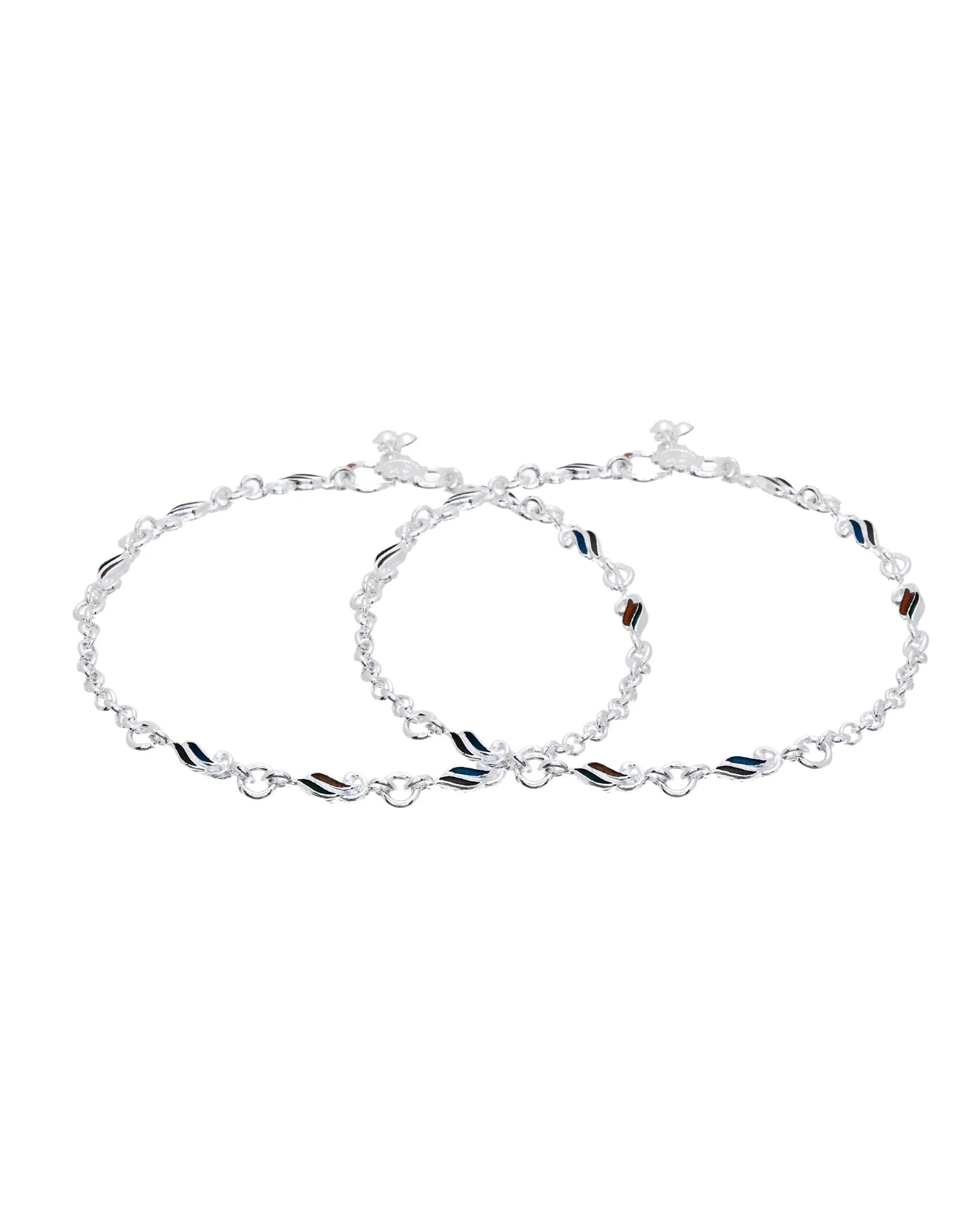 Jewels Nest Rippletone Silver Anklet With Multicolour Enamel Link Detailing And Floral Clasp - Image 6