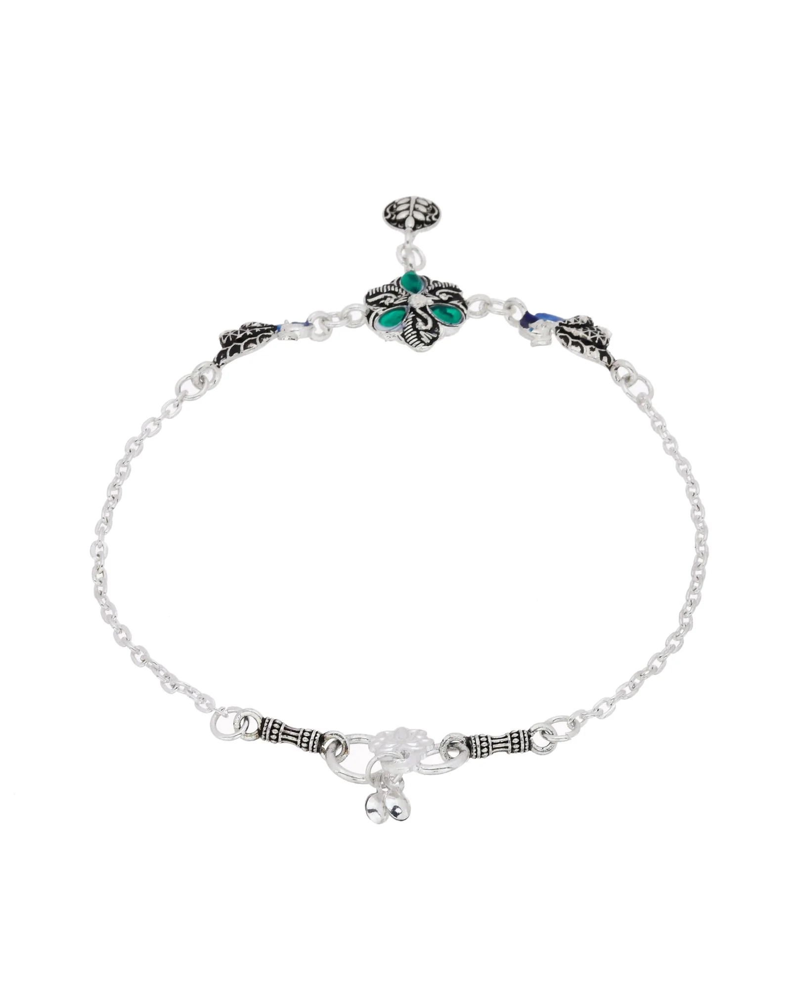 Jewels Nest Royal Peacock Charm Silver Anklet With Emerald Floral Centre And Leaf Drop - Image 4