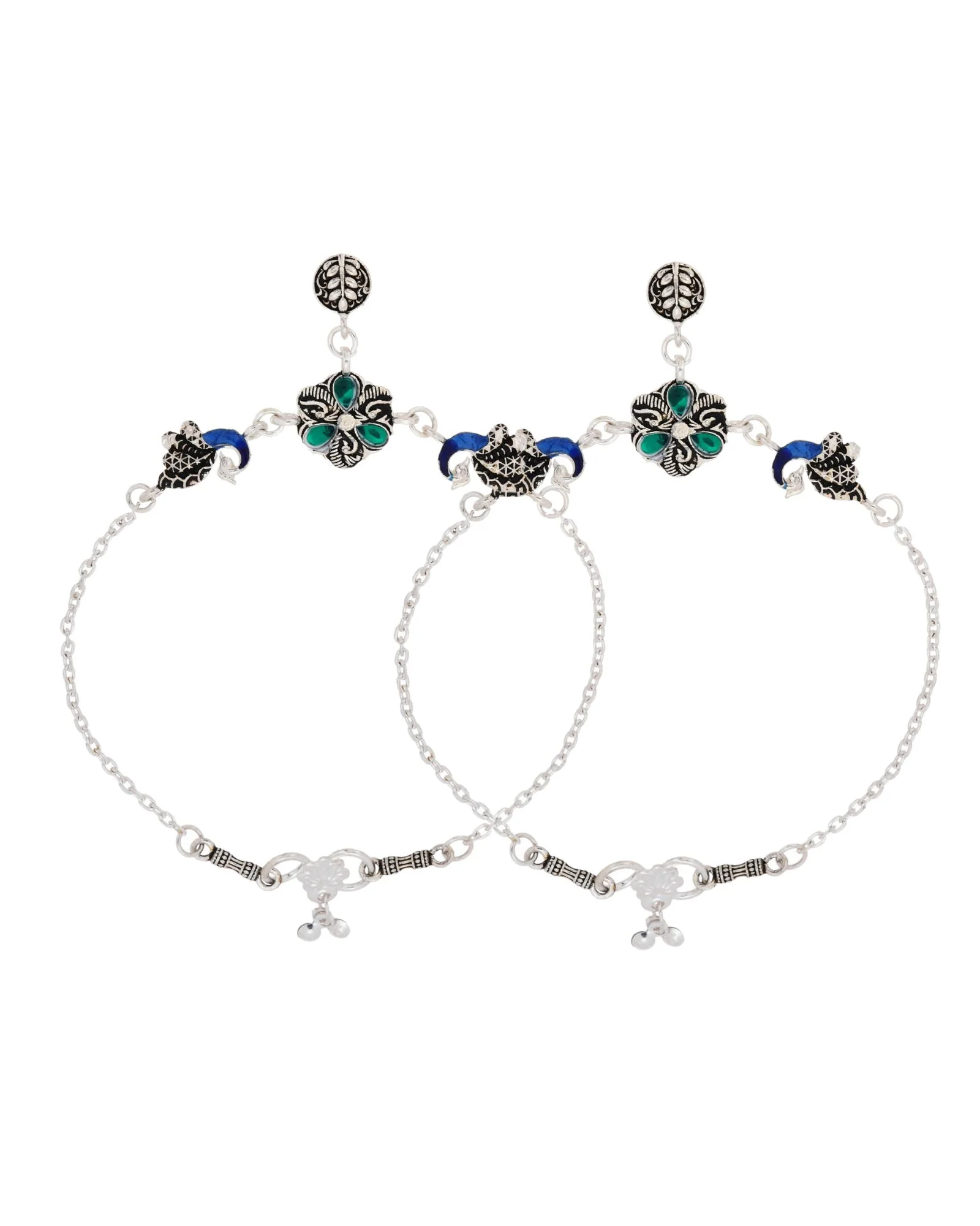 Jewels Nest Royal Peacock Charm Silver Anklet With Emerald Floral Centre And Leaf Drop - Image 5