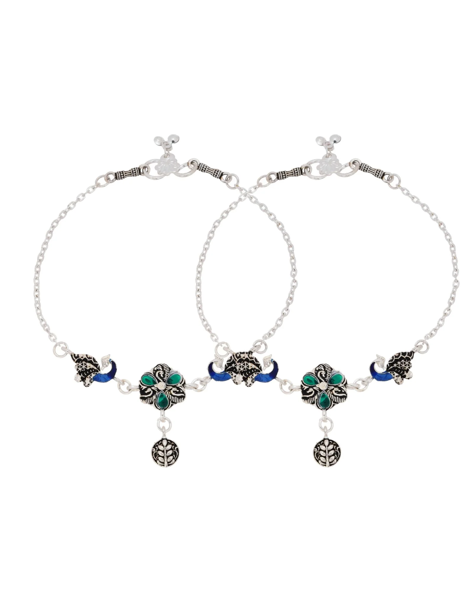 Jewels Nest Royal Peacock Charm Silver Anklet With Emerald Floral Centre And Leaf Drop - Image 6