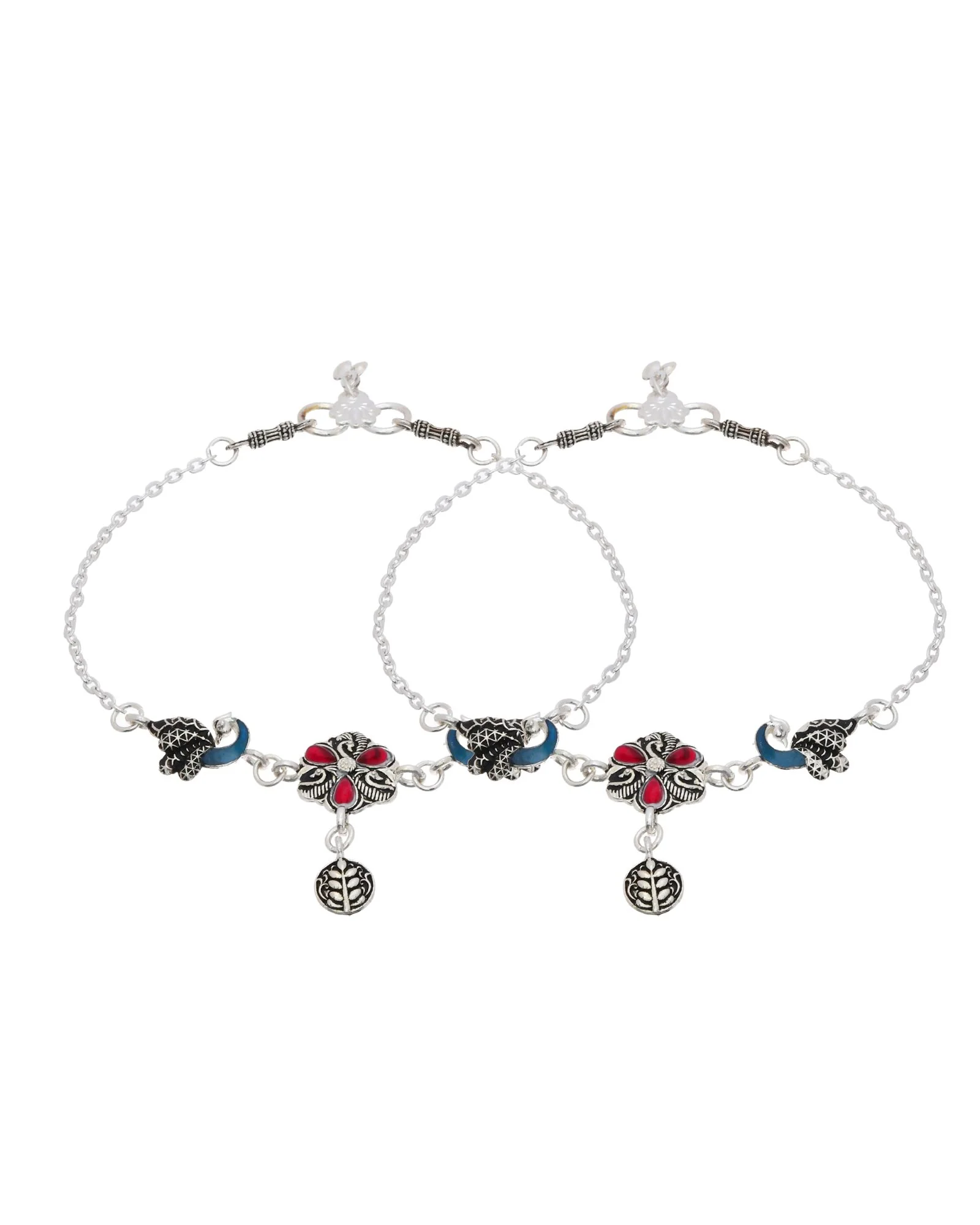 Jewels Nest Vintage Floral Charm Silver Anklet With Enamel Accents And Dangling Motifs - Image 4