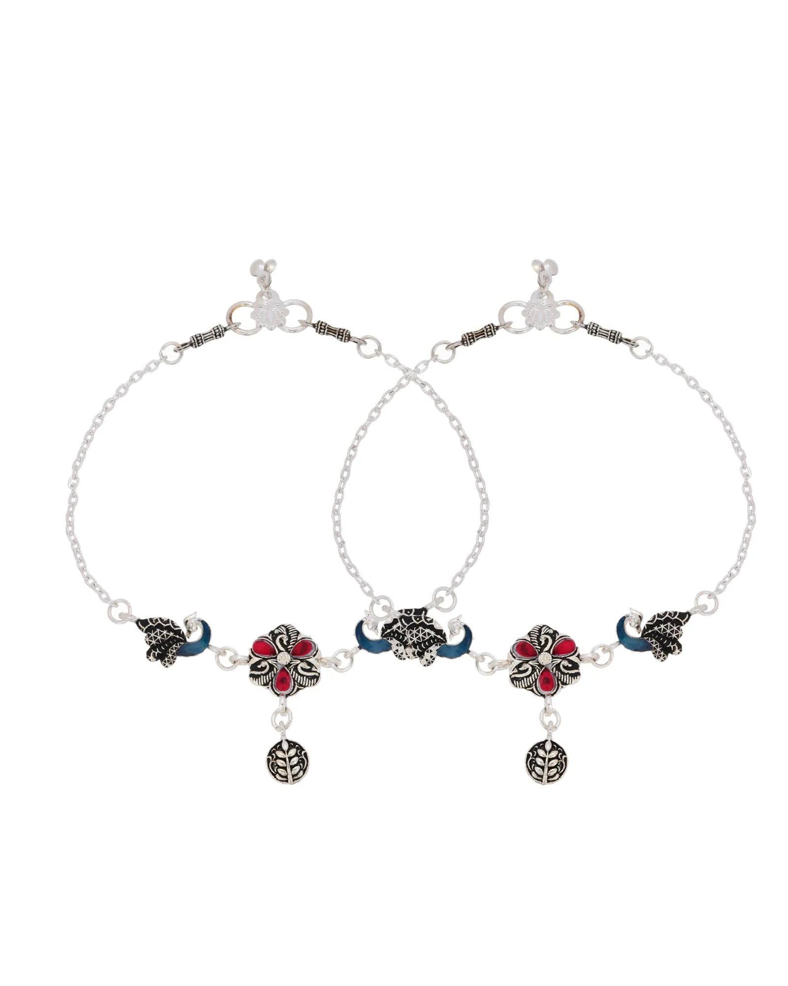 Jewels Nest Vintage Floral Charm Silver Anklet With Enamel Accents And Dangling Motifs - Image 5