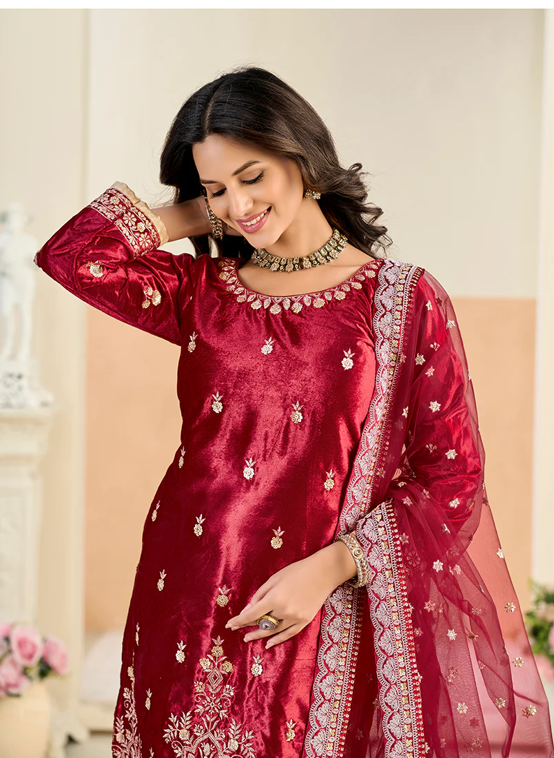 Monjolika Fashion Maroon Velvet Embroidered Salwar Kameez - Image 3