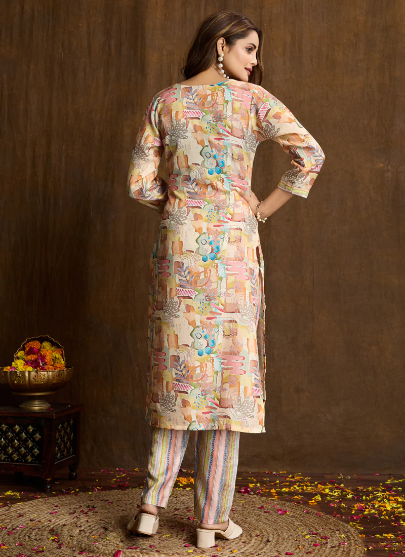 Prazu Fashion Cream Printed Cotton Blend Kurta Pant Set - Image 5