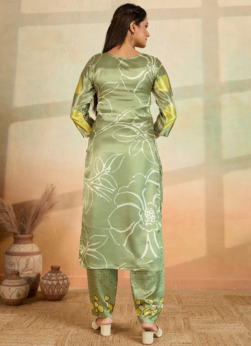 Prazu Fashion Mahendi Green Printed Cotton Reyon Kurta Pant Set - Image 6
