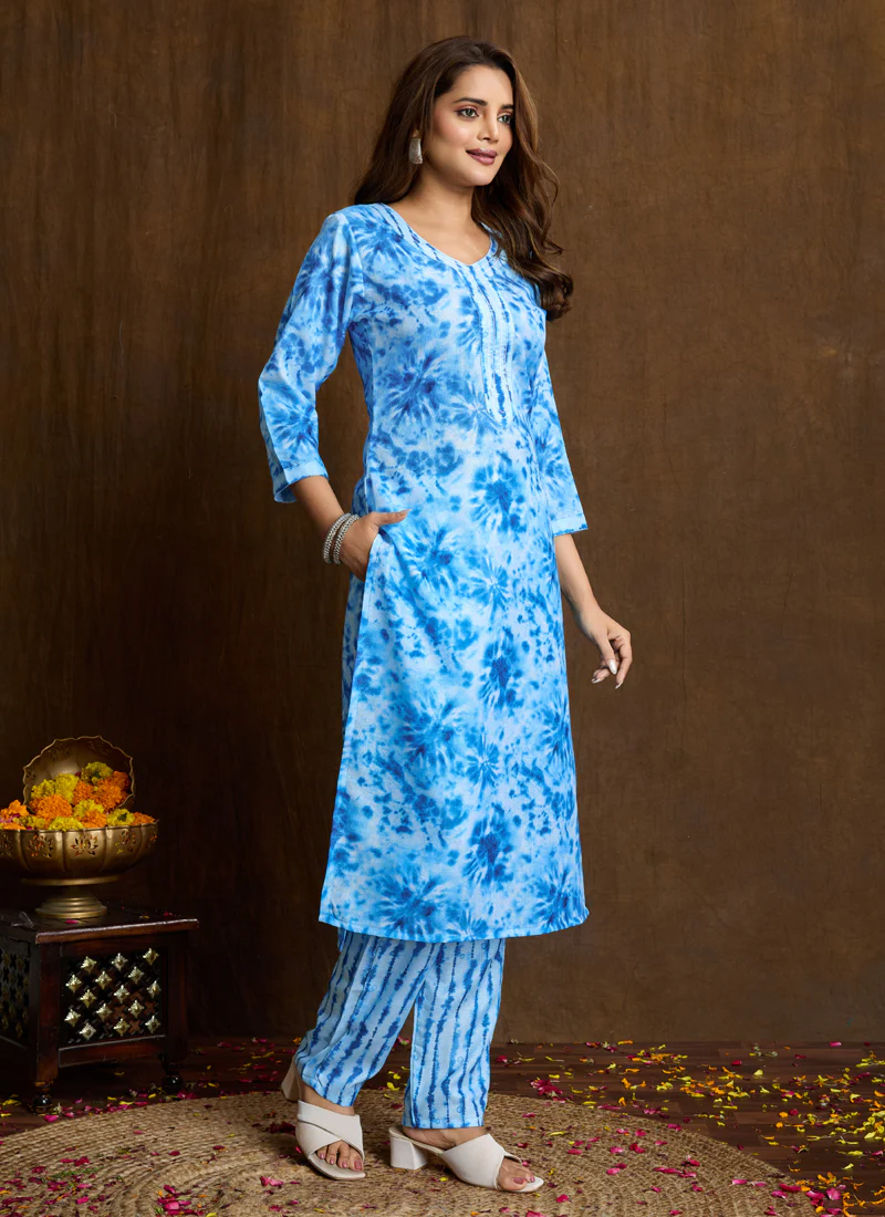 Prazu Fashion Sky Blue Printed Cotton Blend Kurta Pant Set - Image 3