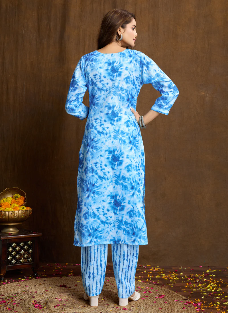 Prazu Fashion Sky Blue Printed Cotton Blend Kurta Pant Set - Image 5