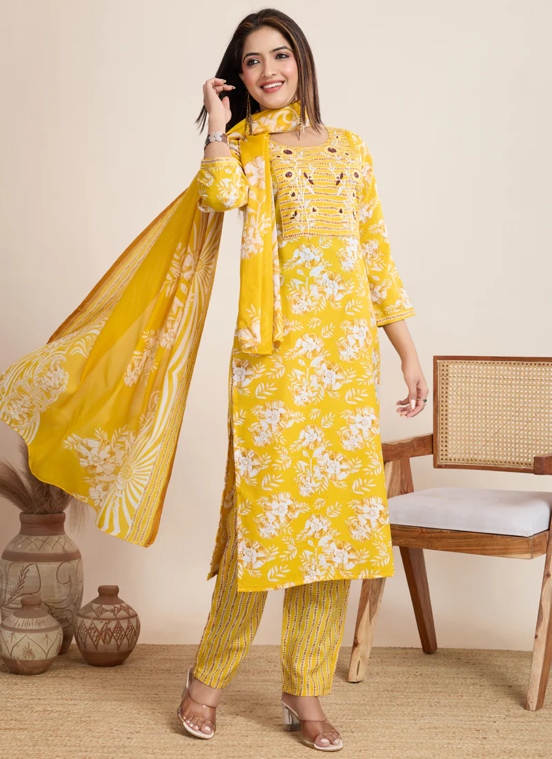 Prazu Fashion Yellow Printed Cotton Blend Festival Wear Salwar Suit - Image 3