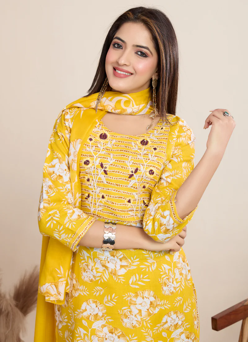 Prazu Fashion Yellow Printed Cotton Blend Festival Wear Salwar Suit - Image 4