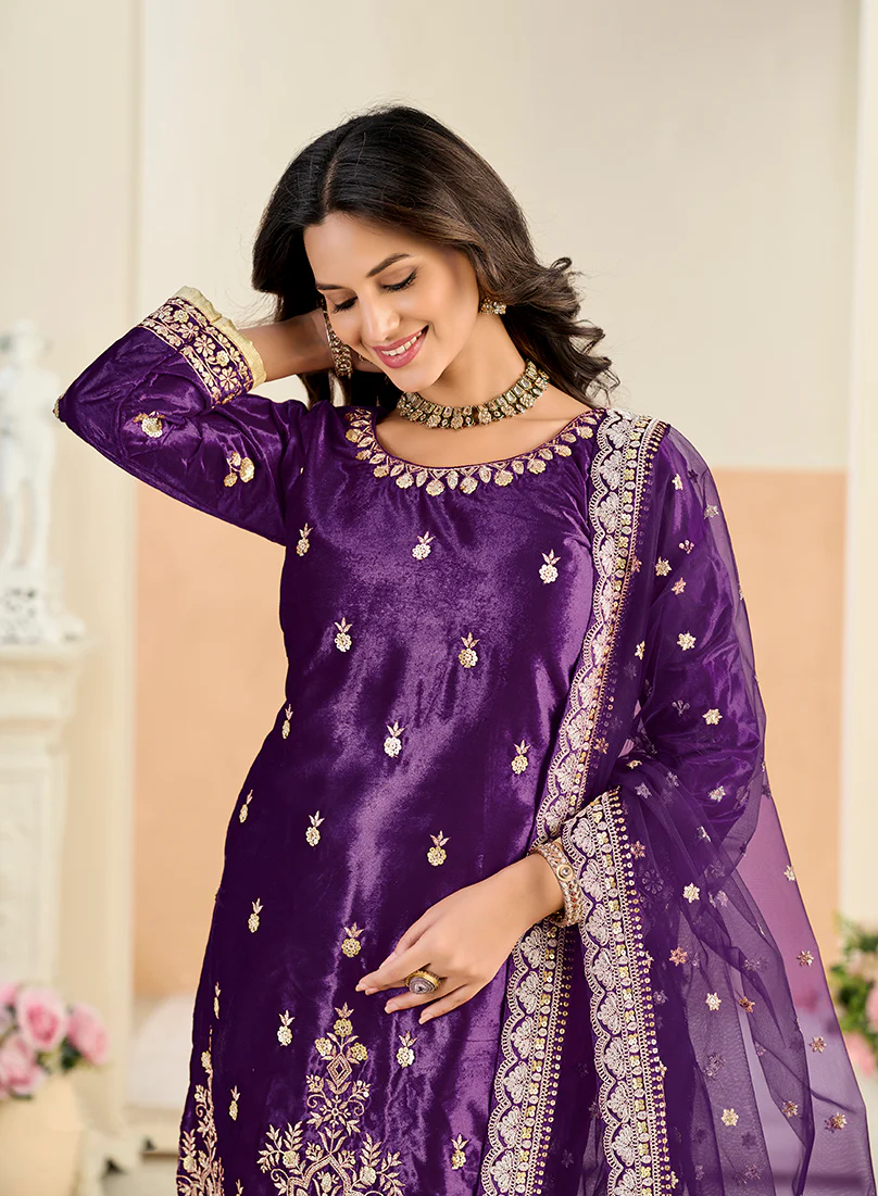 Monjolika Fashion Purple Velvet Embroidered Salwar Kameez - Image 3