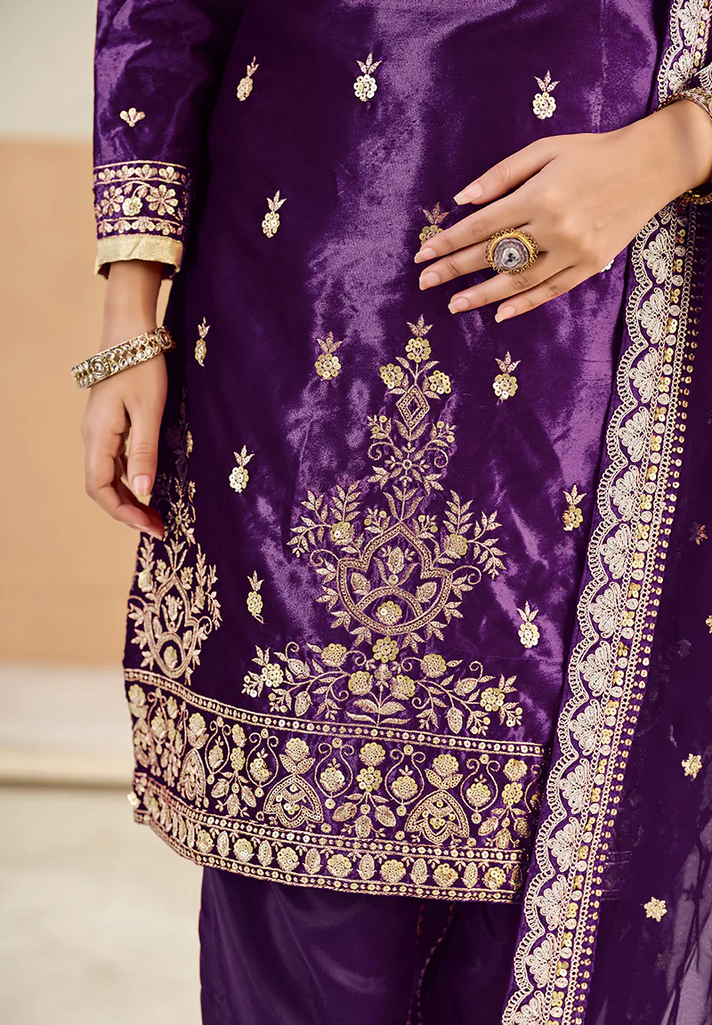 Monjolika Fashion Purple Velvet Embroidered Salwar Kameez - Image 4