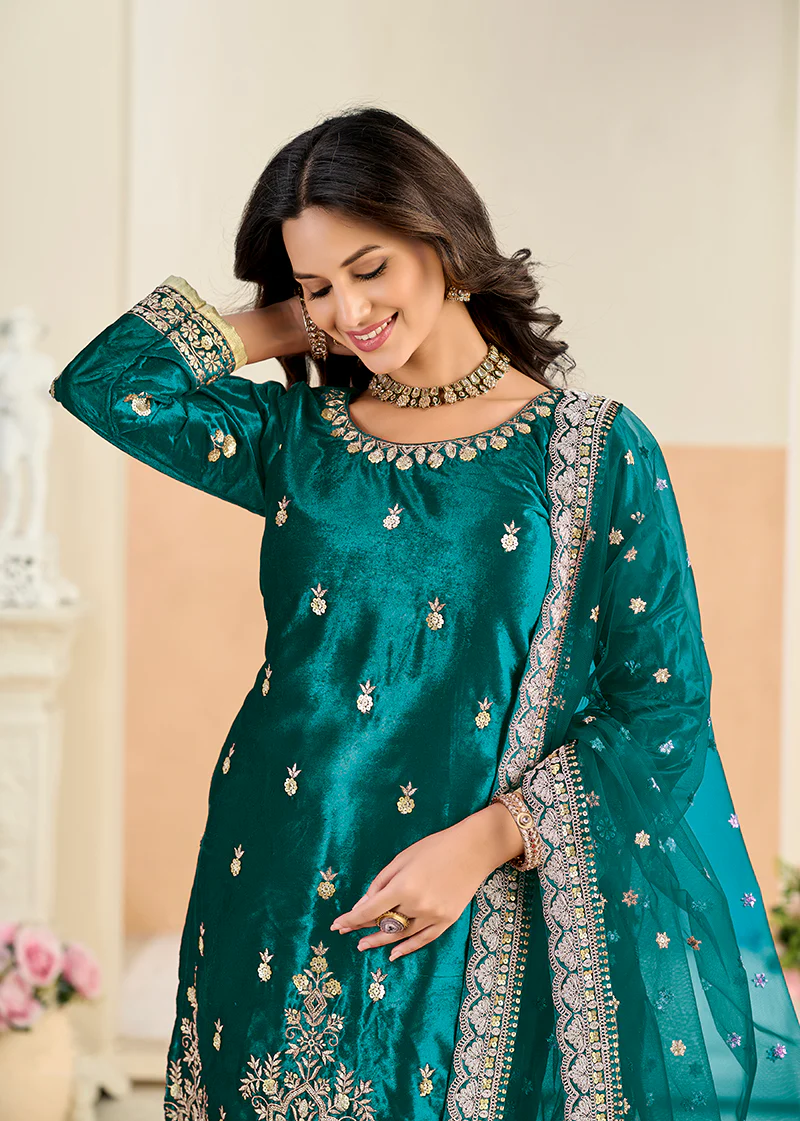 Monjolika Fashion Teal Velvet Embroidered Salwar Kameez - Image 3