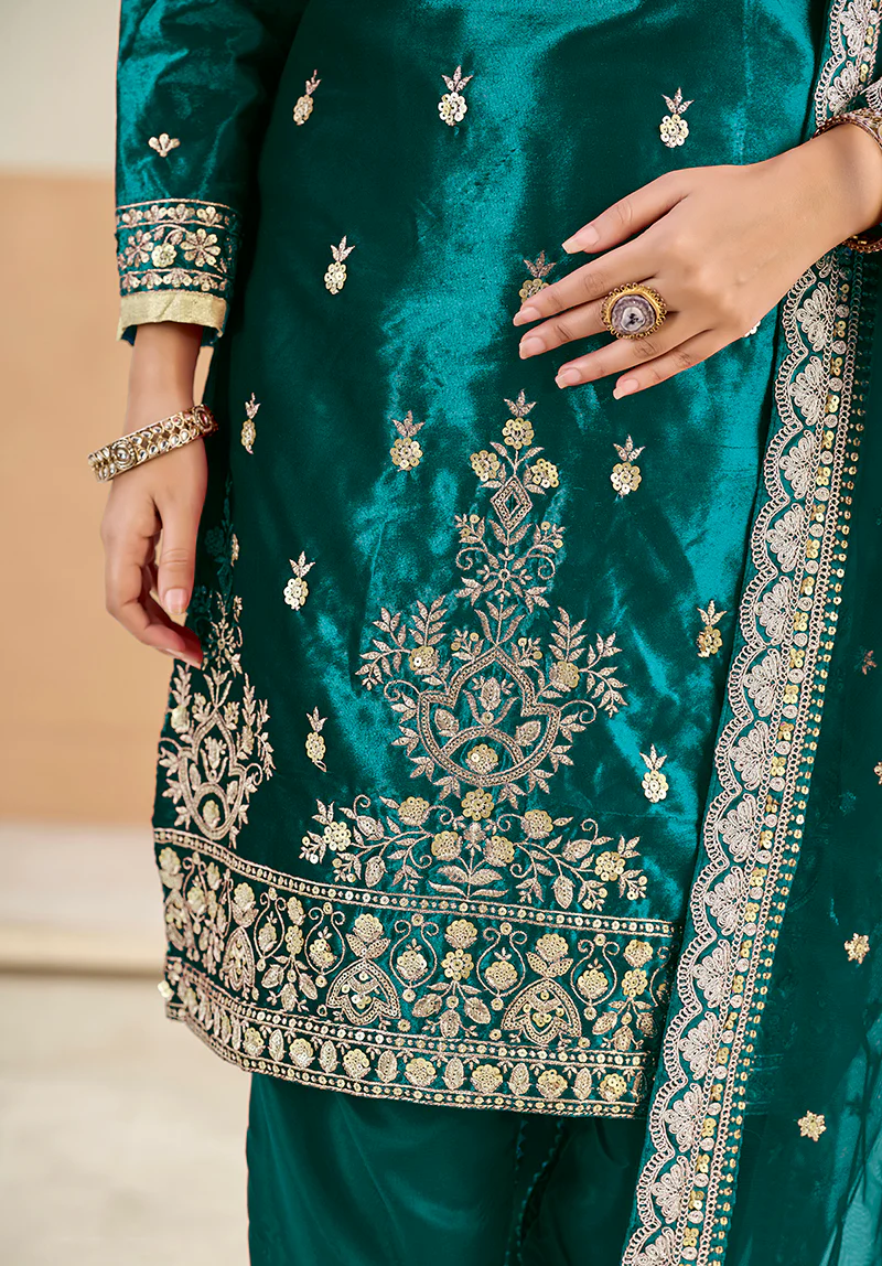 Monjolika Fashion Teal Velvet Embroidered Salwar Kameez - Image 4